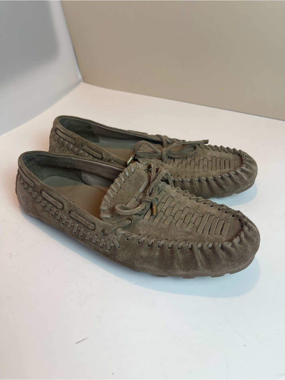 Free People Suede Woven Detail Moccasin Loafers Shoes Women's Size 9 Khaki Grey